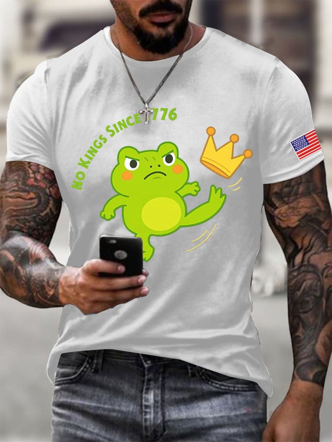 Men's No Kings Frog Printed Round Neck T-Shirt