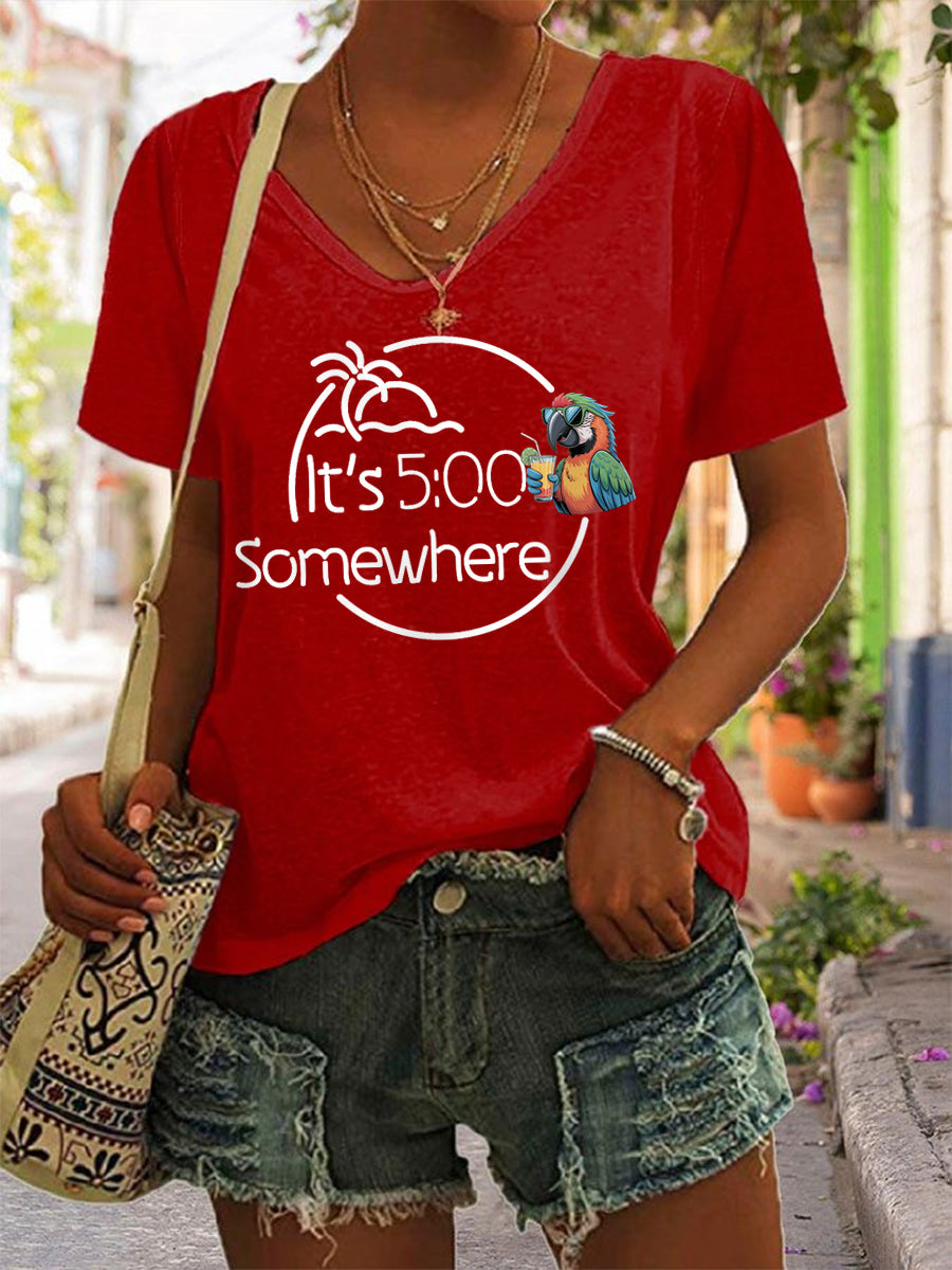 Women's It‘s 5 O'clock Somewhere Parrot Print Casual V-Neck Tee