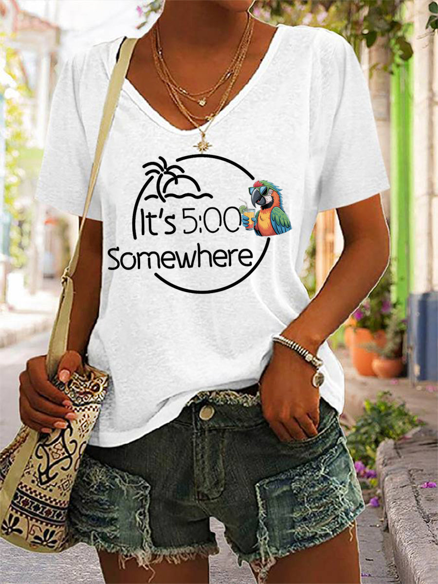 Women's It‘s 5 O'clock Somewhere Parrot Print Casual V-Neck Tee