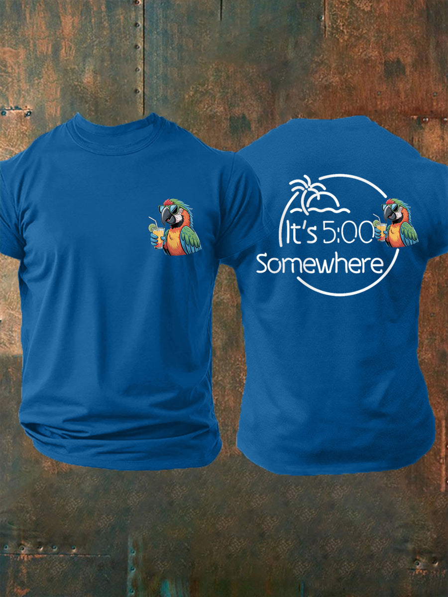 Men's It's 5 O'clock Somewhere Parrot Print Casual Tee