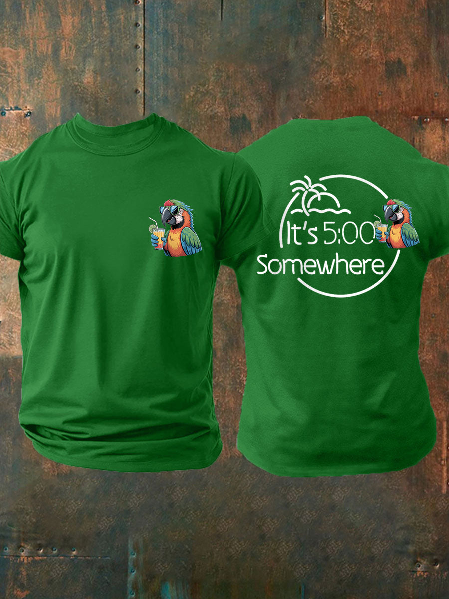 Men's It's 5 O'clock Somewhere Parrot Print Casual Tee