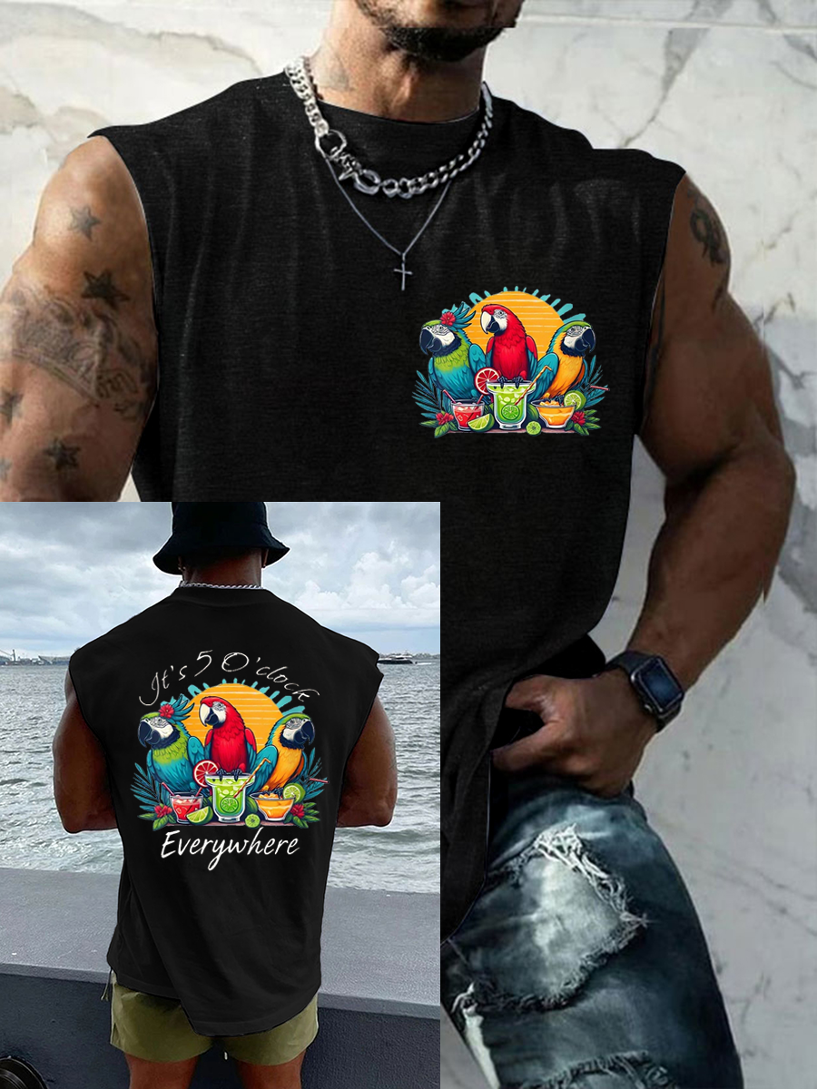 Men's It's 5 O'clock Everywhere Parrot Print Casual Tank Top