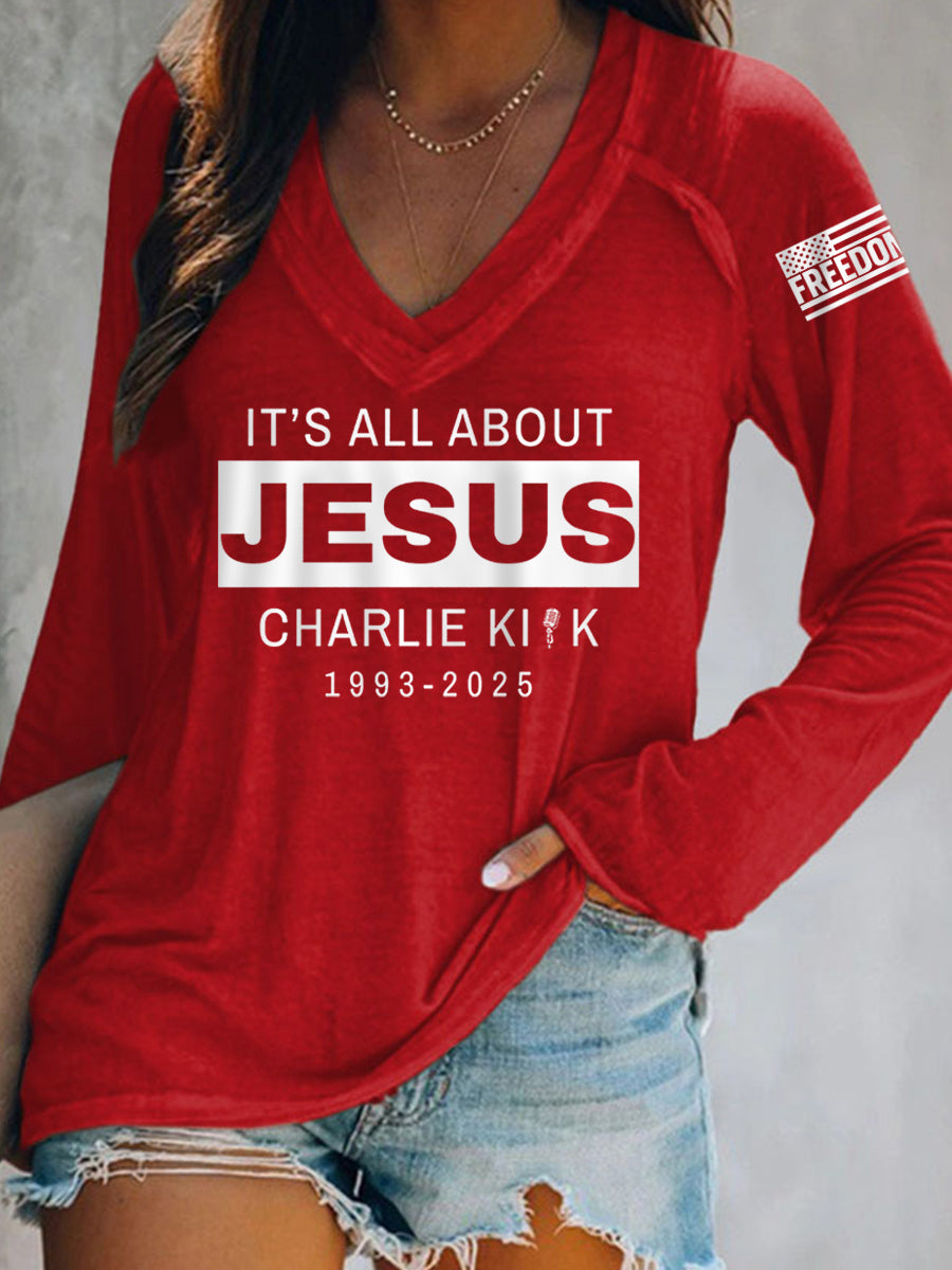 Women's It's All About Jesus R.I.P Charlie Kirk Long-Sleeve T-Shirt