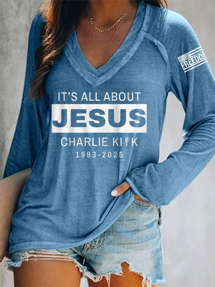 Women's It's All About Jesus R.I.P Charlie Kirk Long-Sleeve T-Shirt