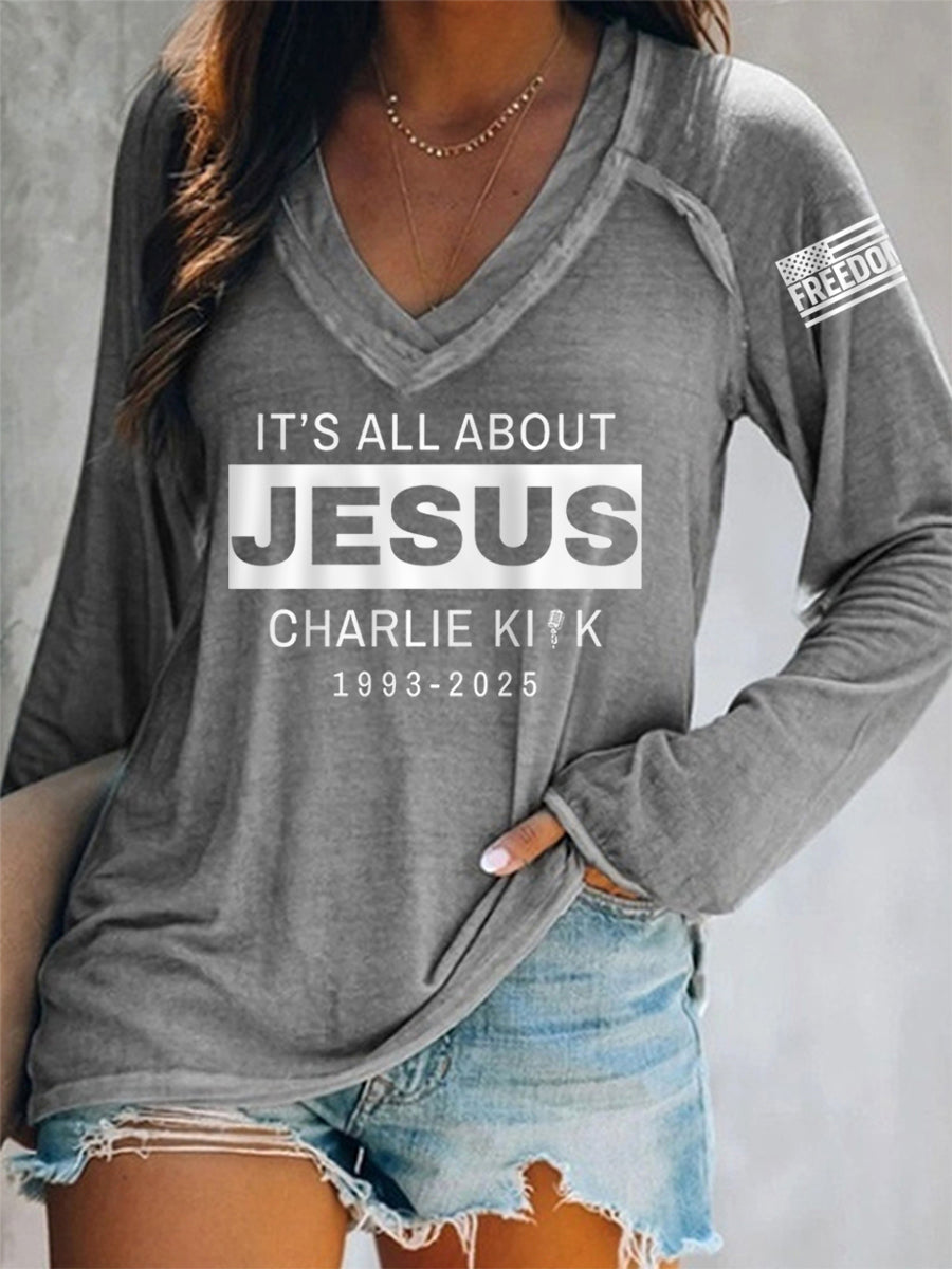 Women's It's All About Jesus R.I.P Charlie Kirk Long-Sleeve T-Shirt