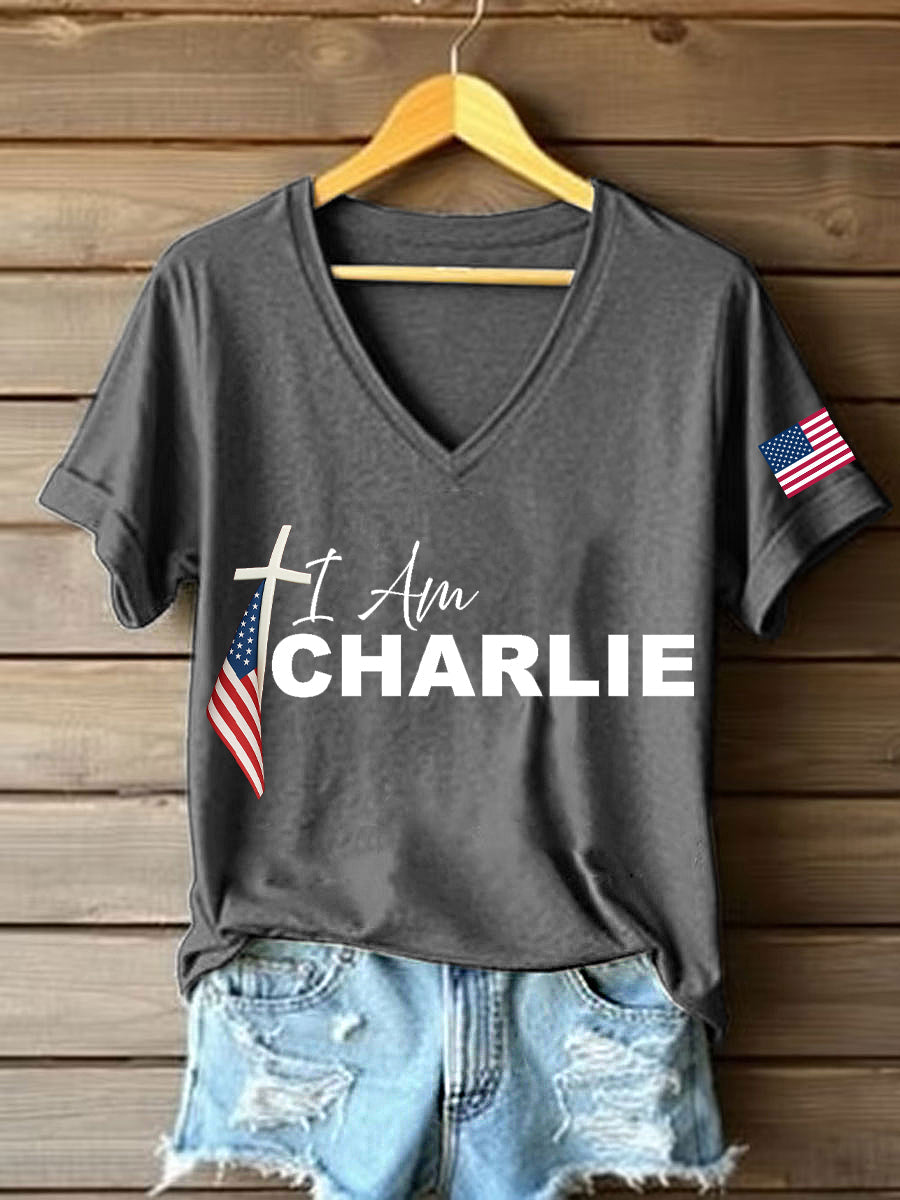 Women's I Am Charlie Print V-Neck T-Shirt